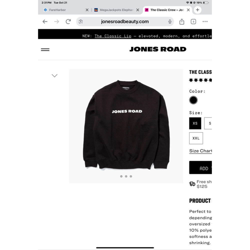 Jones Road Black & White Classic Crewneck oversized fit Sweatshirt XXL